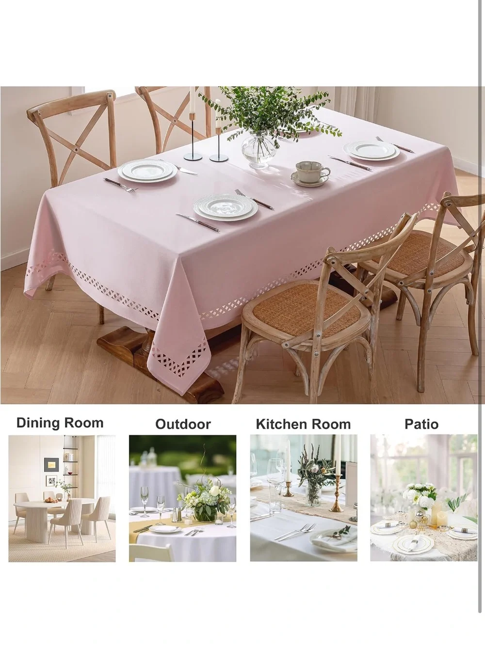 NEW JIALE Pink Linen Polyester Tablecloth with Decorative Cutouts, Wrinkle Free